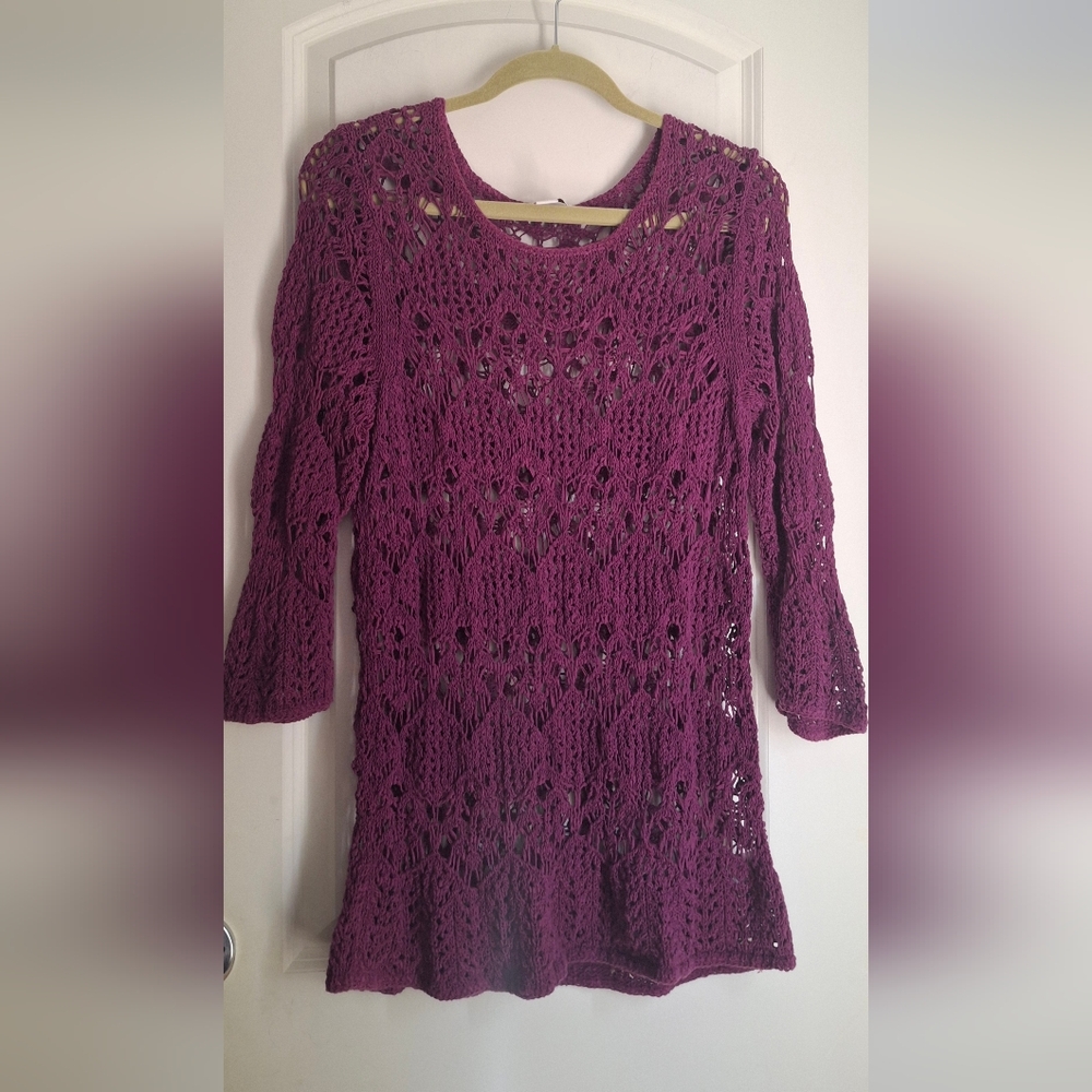 COLDWATER CREEK WOMEN'S PURPLE COTTON BL 3/4 SLEEVED CROCHETED SWEATER L 14 21